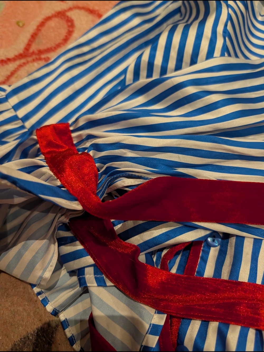 Pajama Shorts/Blouse Set Striped Blue & White with Red Velvet Trim Sz L - Picture 12 of 14